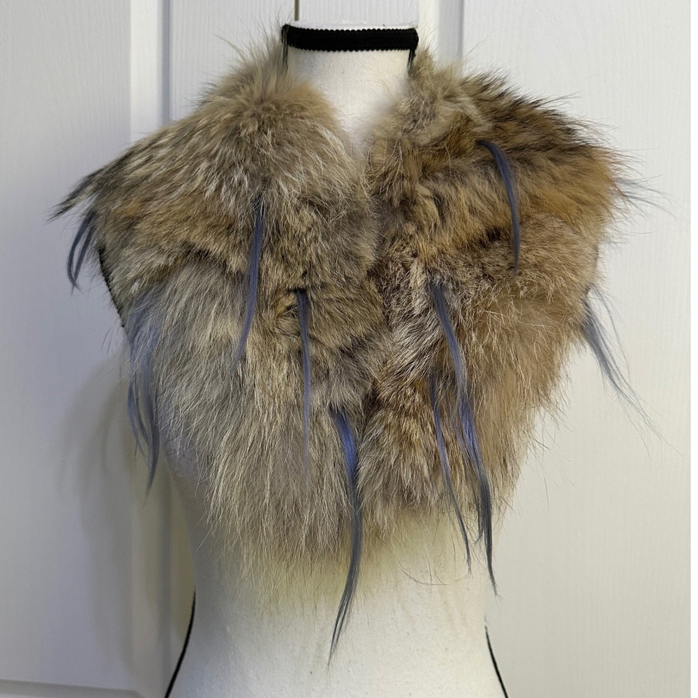 Vintage Genuine Fur Collar Scarf OS Brown Tan Blue Accents Mob Wife Glam Boho